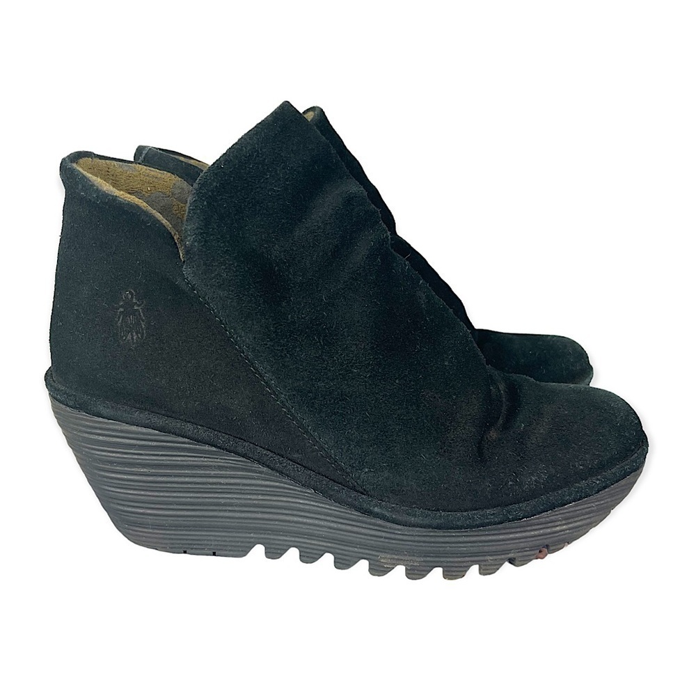Fly London Yip Black Suede Leather Wedge Ankle Boot Size 37 Platform